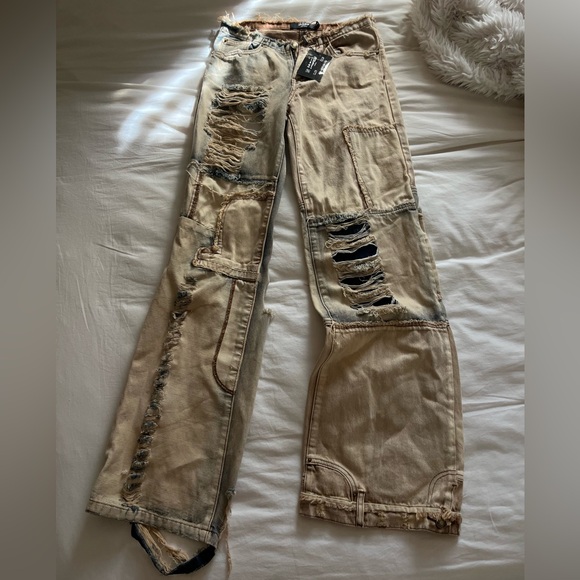 Jaded London Frayed Patchwork Jeans in Tan and Black - Picture 1 of 4